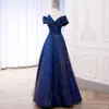 Vestido de Noite Azul Plus Size para Noivas, Vestido para Brinde de Casamento, Vestido de Performance Slimming Off-Shoulder Plus Size