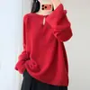 Nuevo Suéter de Punto Holgado Estilo Perezoso con Cuello Redondo, Botón Único y Diseño Calado 100% Lana para Mujer