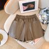 Shorts de piel pu de cintura elástica para mujer otoño e invierno 2024 último corte relajado adelgazantes casuales versátiles de pierna ancha para llevar por fuera de las botas
