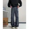 Calça de trabalho estilo retrô americano com bolsos grandes e pregas, unissex, moda outono high-street, calça de perna reta larga comprida lavada