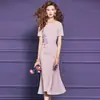 Vestido Original Feimengyi Rosa com Flores de Miçangas para Mulheres, de Manga Curta, Deslumbrantemente Lindo e Elegante Vestido Cauda de Peixe para o Verão