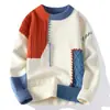 Suéter de patchwork con bloques de color para hombre, estilo casual americano de invierno, tejido de diseño único, suéter de lana para hombre de estilo holgado y relajado