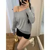 Camiseta de manga larga, de un solo hombro, descubierta, puramente deseable para mujer, estilo otoño, corte holgado, base descubierta, estilo perezoso nicho, top deslumbrante