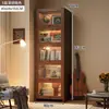 Librero de madera maciza con vitrina integrada de cristal de imitación color nogal, resistente al polvo y al suelo para sala de estar.