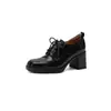 Zapatos de mujer de cuero poco profundos con tacón grueso de piel de oveja de capa superior, nuevo modelo de otoño, piel genuina por dentro y por fuera, zapatos de cordones de punta cuadrada y tacón alto