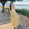 Vestido de Malla Amarillo con Bordado en la Manga, Casual Simple Refrescante Holgado Cómodo Adelgazante, Nueva Moda Verano 2026