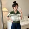Top de Verano de Moda con Cremallera, Manga Corta, Tejido de Punto, Solapa Rayada Bordada, Estilo Francés, Ajuste Delgado