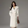 Abrigo de Lana Double-Face con Capucha para Mujer, Diseño de Invierno, Alto con Cordones, Abrigo de Lana Double-Face de Gama Alta para Otoño e Invierno