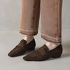 Mocassins Macios e Confortáveis Estilo Preguiçoso Camurça de Ovelha Outono 2025 Salto Baixo Grosso Bico Quadrado Pequeno Couro Genuíno Boca Profunda Flats para Mulheres