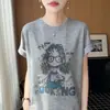 Camiseta feminina básica de malha fina com gola redonda e manga curta, estilo coreano, nova, estilosa, estampada, slim fit, solta