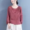 Venta de liquidación: Camisa de Lino Blanco Bordada con Cuello Redondo de Manga Larga Artística Retro Nueva Primavera 2025 para Mujer