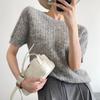 ¡Exportar a Italia! Suéter de Punto Trenzado de Alpaca Old Qian Feng con Cuello Redondo de Manga Corta para Mujer, Suéter de Algodón y Lana
