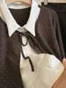 Suave jersey de punto con cuello Peter Pan de lunares, estilo falso dos piezas, manga larga para mujer, nuevo estilo de principios de otoño, top con cordones que rejuvenece