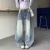 Jeans retro americanos de mezclilla lavada azul con dobladillo curvo desgastado para mujeres petite, corte holgado, adelgazantes, pantalones rectos de pierna ancha hasta el suelo