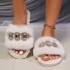 Zapatillas de casa modernas para mujer con cadena de perlas de imitación y pedrería, de una palabra, Mao Mao, cálidas, de tacón plano