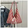 Bolso de Hombro de Lona Rayado de Verano de Doble Cara con Bordado Lindo para Mujer, Gran Capacidad, Simple con Letras, Bolso de Viaje