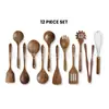 Juego de Utensilios de Cocina de Madera de Acacia, Espátula de Madera Maciza con Mango Largo, Cuchara para Sopa, Colador, Espátula para Cocinar, Herramientas de Cocina para el Hogar