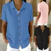 Camisa de manga corta de color liso para mujer, comercio exterior transfronterizo de eBay Amazon, top elegante vintage con cuello drapeado y botones de madera