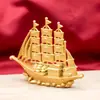 Ornamento de Barco Dragão Duplo com Três Velas Navegando Suavemente, Artesanato em Ouro de Areia, Ornato de Veleiro, Decoração de Casa de Sala de Estar de Alta Qualidade