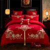 Venta al por mayor del fabricante Elegante Juego de Bordado para Boda de Cuatro Piezas Set de Cama de Boda Rojo de Algodón Puro de 100 Hilos Juego de Varias Piezas