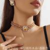 Colar Choker Europeu e Americano de Luxo em Vidro Cristal de Camada Dupla Geométrico Retangular Conjunto de Brincos Colar de Cristal Colorido da Moda