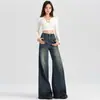 Calça Jeans Flare Vintage de Cintura Alta para Mulheres, Calça Elástica para Corpo Tipo Pera, Calça Larga Solta com Caimento