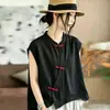 Nueva colección de verano: Camisa versátil y elegante de manga corta, con un moderno cuello mandarín de estilo chino, diseño abotonado y chaleco sin mangas, hecha de algodón y lino, para mujer
