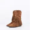 Botas de Cano Curto Apontadas em Couro Macio Femininas com Franjas Estilo Retrô Preguiçoso Salto Bloco Empilhado Botas de Cavaleiro Estilo Nômade Meio da Panturrilha Botas Western da Moda