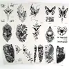 Pegatinas de tatuaje temporales para brazo de flores estilo oscuro en blanco y negro con diseños de mariposa, lobo, tigre, calavera y rosa, impermeables, de larga duración, pegatinas de tatuaje desechables