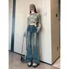 Jeans Acampanados Azul Claro de Cintura Alta para Mujer, Nuevo Estilo Tallas Grandes para Figuras Curvilíneas, Ajuste Ceñido Adelgazante para Mujeres Petite, Pantalones Ligeramente Acampanados Bootcut