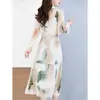 Talla grande Elegante Vestido de Lujo Ligero con Estampado de Tinta para Mujer Primavera y Verano Nuevo Moda Estilo Occidental Rejuvenecedor Estilo de Alta Gama Cuello
