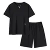 Novo Conjunto de Pijama Masculino de Algodão Puro Respirável e Amigo da Pele, Manga Curta e Shorts, Cor Sólida Fino, Roupa de Casa que Pode Ser Usada Fora