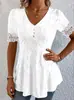 Verão 2026 Nova Moda Feminina Europeia e Americana Transfronteiriça Decote V Jacquard Renda Vazada Cintura Marcada Estiloso Manga Curta Blusa Camiseta