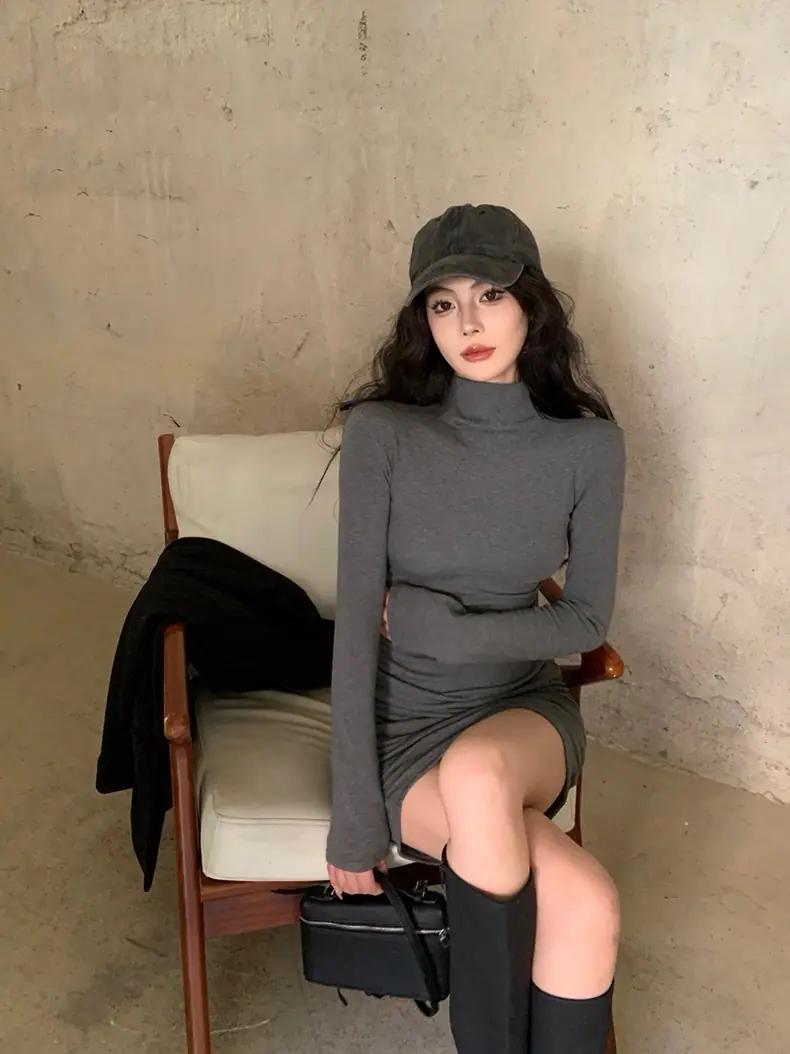 商品详情图_辣妹半高领长袖连衣裙女秋冬季修身包臀裙内搭打底裙