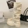 Pantalones Anchos con Hebilla de Cinturón Retro Botas de Caballero para Mujer 2026 Otoño Nueva Llegada Tacón Grueso Alargador Adelgazante Botas Altas Botas de Moda
