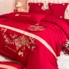 Set de cuatro piezas de algodón puro bordado de estilo chino de alta gama de sábanas y fundas nórdicas de algodón puro rojo brillante para ajuar ropa de cama de boda
