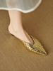 Moda Francesa Elegantes Sandalias Mocasines de Verano para Mujer con Puntera Dorada Tejida de Tacón Medio