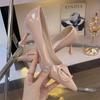 Elegantes Sapatos Casuais Femininos Salto Agulha de Couro Verniz Nude 2024 Novo Outono e Primavera Salto Alto Fino Apontado Alongador de Pernas