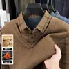 Suéter de Punto Grueso de Dos Piezas con Forro de Felpa para Hombres de Mediana Edad y Mayores, Camiseta Informal de Manga Larga con Cuello de Solapa