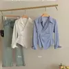 Diseño talla grande cintura irregular camisa a rayas ajustada para mujer 2024 nueva elegante con solapa manga larga