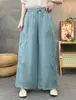 Pantalones de Algodón Elástico con Cordón, Bordado Pesado, Estilo Delgado, Elegantes, Versátiles, Pierna Ancha, Doble Capa, Color Sólido, Pantalones para Mujer