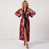 Pijama Delgado con Cordones, Camisón Rojo Floral de Color Bloqueado Largo, Ropa de Casa con Estampado de Moda, Casual y Cómoda para Mujer