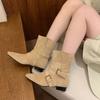 Botas Negras de Gamuza Puntiagudas de Tacón Bajo Retro Botines Cortos para Mujer 2026 Nuevas Botas Individuales de Primavera y Otoño Botas Western Martin