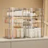 Cajas de almacenamiento transparentes, herméticas, de gran capacidad y transfronterizas para uso doméstico, ideales para cosméticos y almacenamiento a prueba de polvo, con una puerta magnética y estante multifuncionales