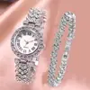 Reloj de Cuarzo para Mujer Estilo Coreano Romántico Incrustado de Diamantes, Reloj de Pulsera Romano de Lujo Ligero y a la Moda, Elegante Set de Doble Capa de Gypsophila