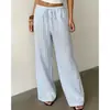Calças de verão de cintura alta e perna larga para mulheres, cintura elástica estampada, calças compridas casuais largas, calças retas com cordão estilo férias