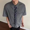 Camisa de Cuadros Manga Corta con Corbata Falsa Azul para Hombre, Estilo de Verano de Alta Inteligencia, Cuello Campana Manga Media Corte Limpio Manga de Cinco Cuartos