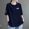 Camiseta de manga corta tipo algodón para mujer, nuevo estilo de verano, corte holgado, talla grande, adelgazante, top que cubre la barriga, oculta la grasa corporal, camiseta de manga media