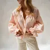 Transfronterizo europeo y americano 2026 nuevo modelo Xiyin comercio exterior ropa de mujer algodón lino cuello camisero manga de campana cuadros botón manga larga camisa