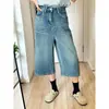 Pantalones Vaqueros Retro Azules de Pierna Ancha Cortos para Mujer, Nuevo Estilo de Verano, Tallas Grandes, Corte Holgado, Adelgazantes, Adecuados para Cuerpo Tipo Pera, Pantalones de Pierna Recta